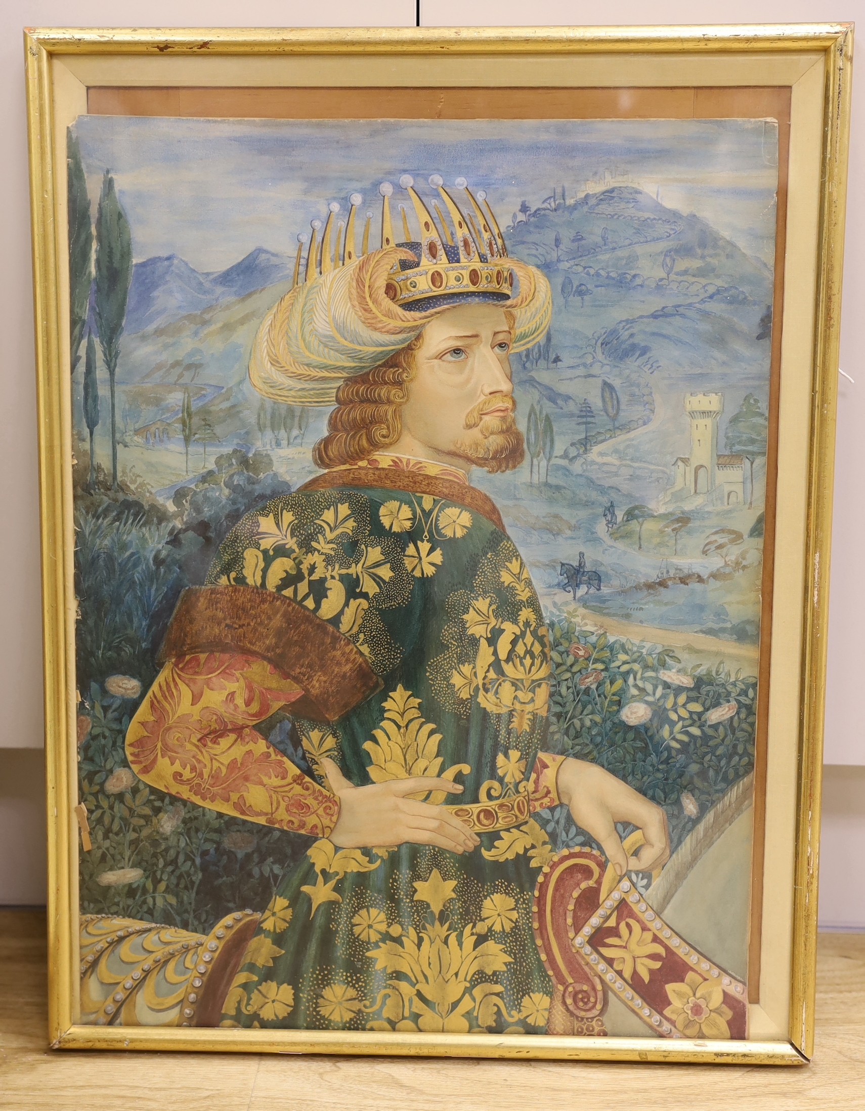 After Benozzo Gozzoli (Italian, 1421-1497), watercolour, Portrait of one of the Magi, 52 x 39cm